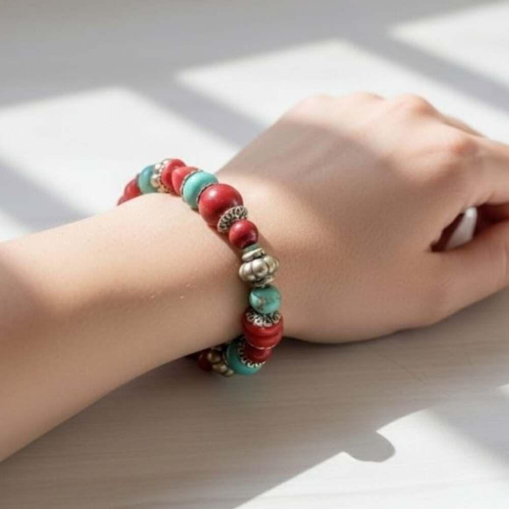 Red Turquoise and Silver Stretch Bracelet
